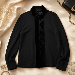 J. McLaughlin Black Merino Wool Silk Cardigan Sweater Jacket Faux Fur L Luxe